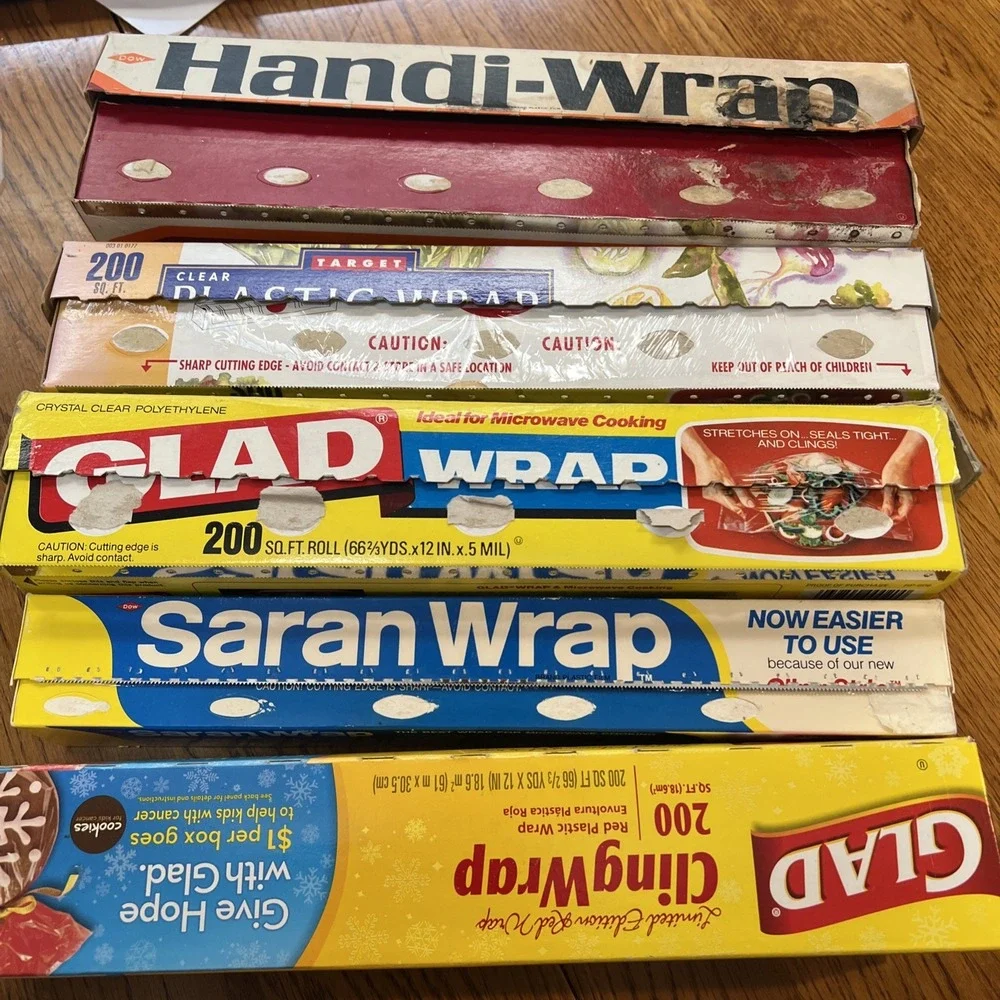 Vintage Saran, Glad, Handi, Target Cling  Plastic Wrap Clear & Red All Open Used